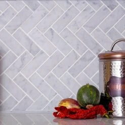 1X3 White Carrara Herringbone Polished Marble Mosaic Tile