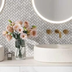 1X2 White Carrara Herringbone Polished Marble Mosaic Tile
