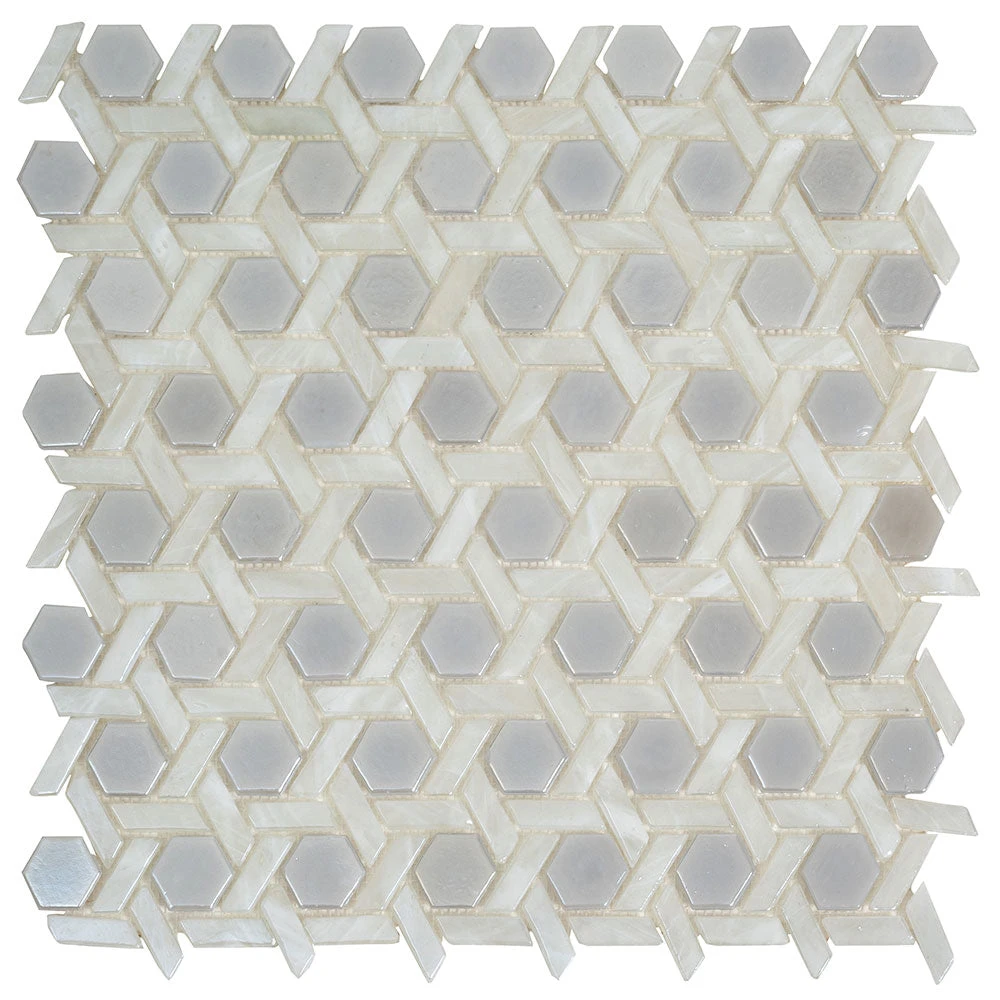 Pearl White Weaved Hexagon Glass Mosaic Tile - Image 2