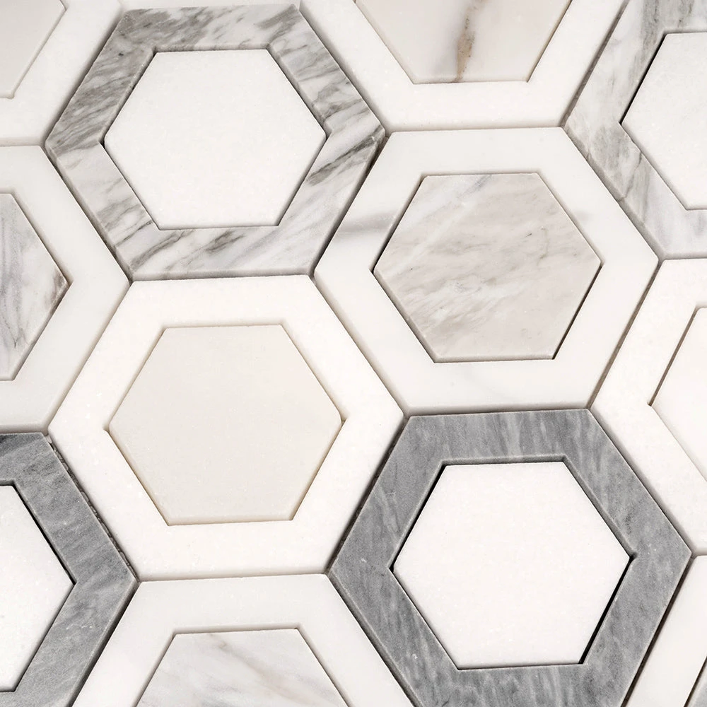 Calacatta Bluette Marble Double Hexagon Mosaic Tile - Image 6