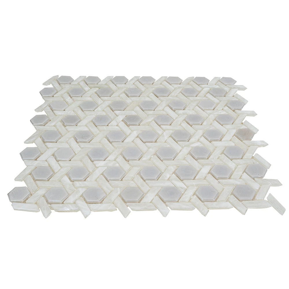 Pearl White Weaved Hexagon Glass Mosaic Tile - Image 6