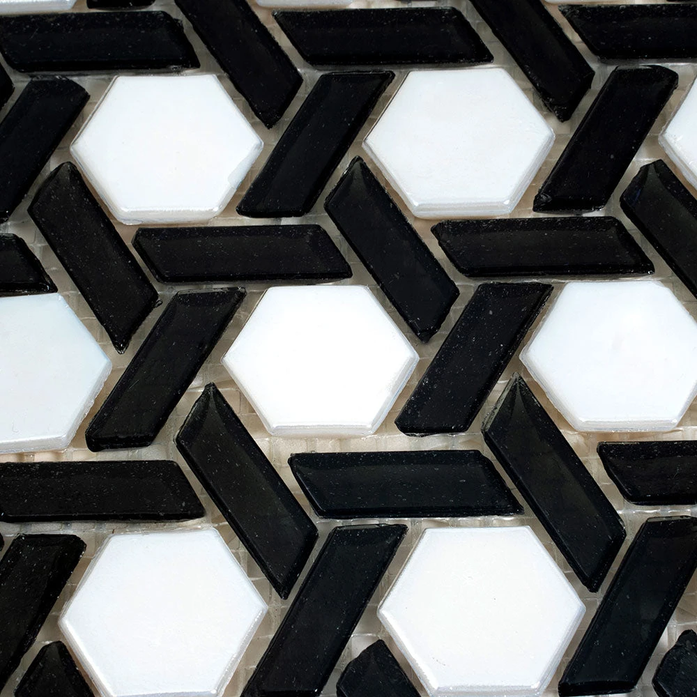 Black And White Weaved Hexagon Glass Mosaic Tile - Image 5