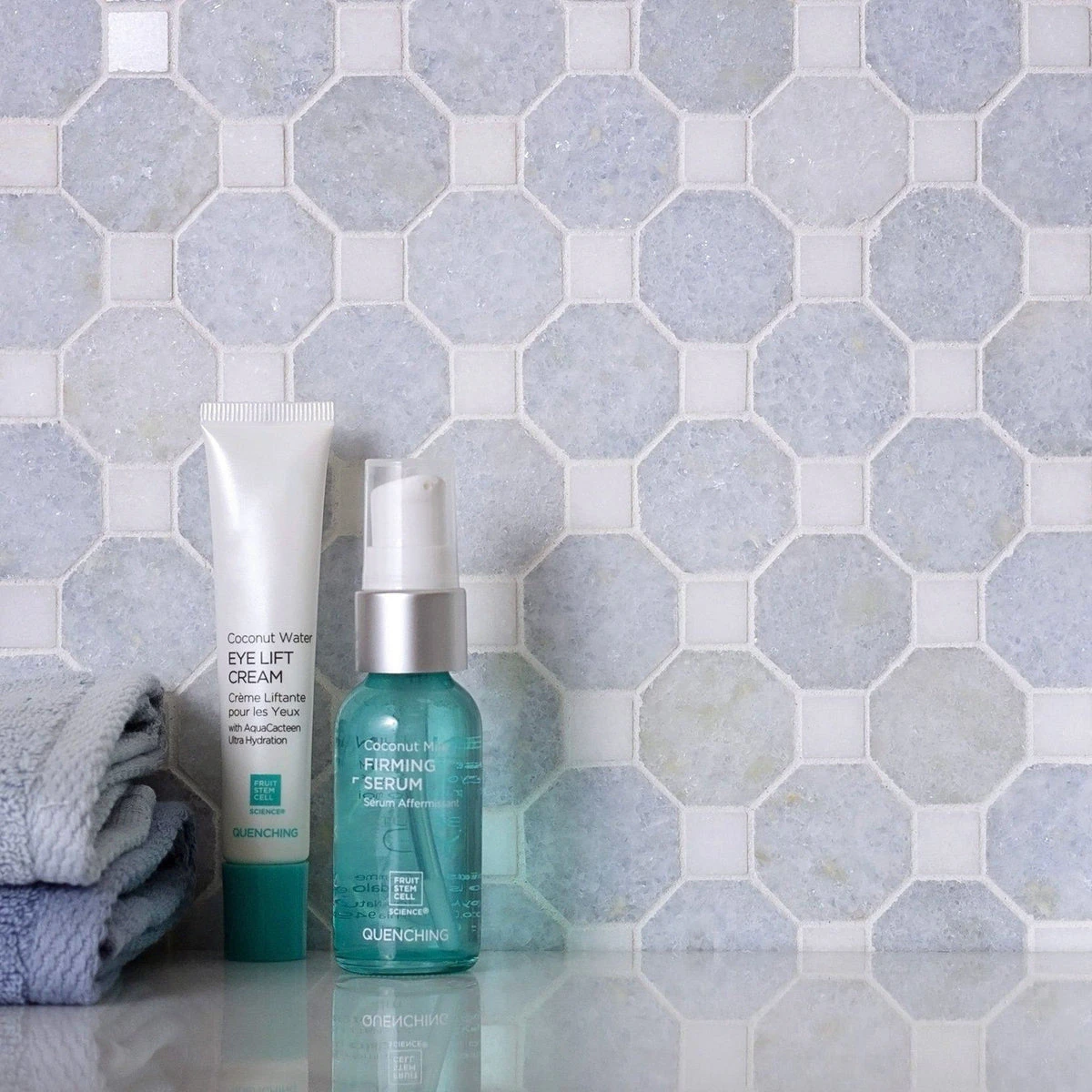 Azul Cielo Octagon And Thassos Dot Marble Mosaic Tile