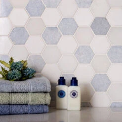 Azul Cielo Thassos And Paper White 2" Hexagon Marble Mosaic Tile Polished