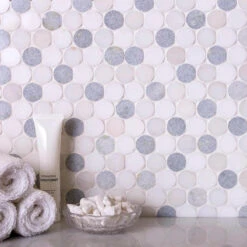 Azul Cielo Thassos And Paper White Penny Rounds Marble Mosaic Tile Polished