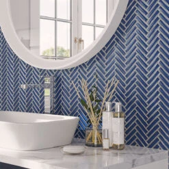 Blue Deco Herringbone Glass Mosaic Tile