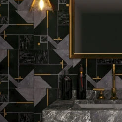 Geo Deco Black Marble And Brass Inlay Tile