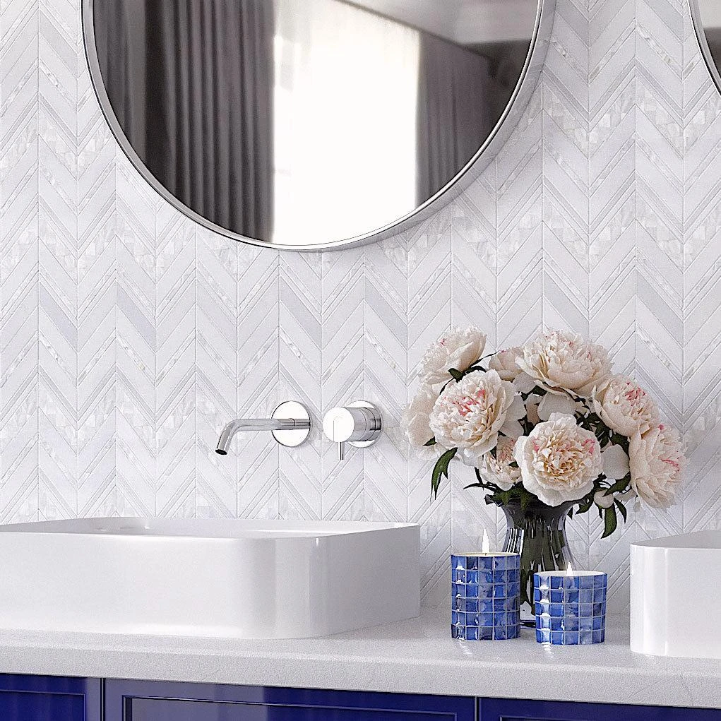 Herringbone Pearl White Thassos Marble And Shell Tile