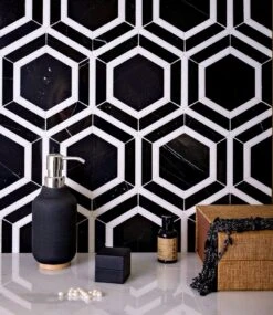 Nero Marquina And Thassos White 6 Inch Hexagon Marble Mosaic Tile