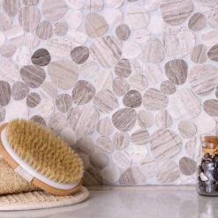 Pebble Wooden Beige Marble Mosaic Tile