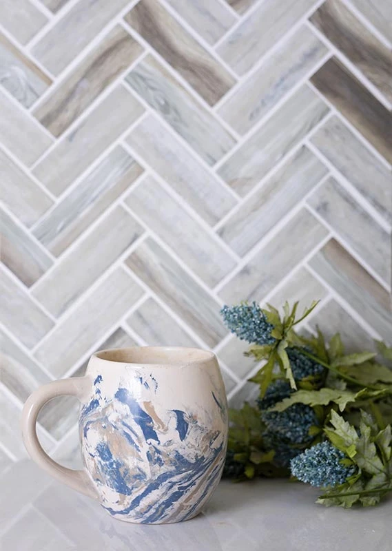 11" X 12.6" Recycled Glass Herringbone Mosaic In Wood Color - Image 2