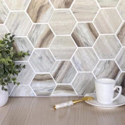 Recycled Glass Hexagon Mosaic In Wood Color