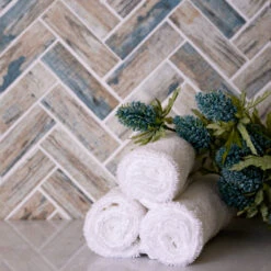 Recycled Glass Herringbone Mosaic In Blue Wood Color