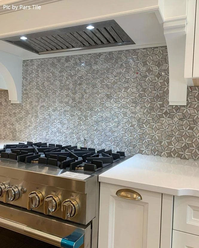 Roman Flower Wooden Beige And Carrara Marble Mosaic Tile - Image 9