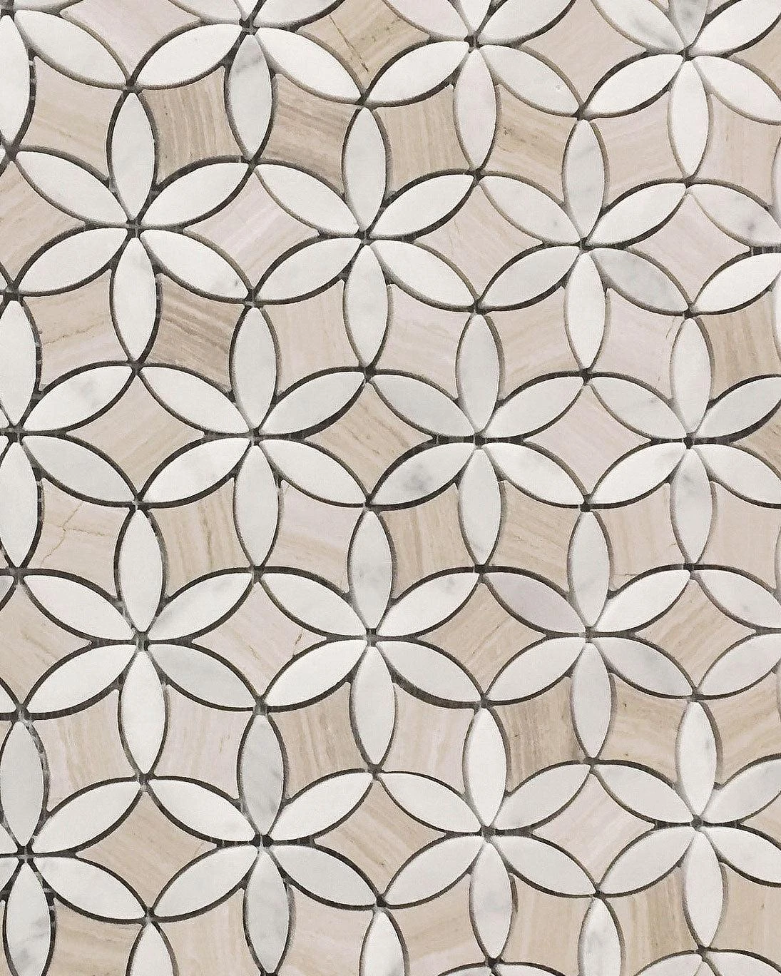 Roman Flower Wooden Beige And Carrara Marble Mosaic Tile - Image 5