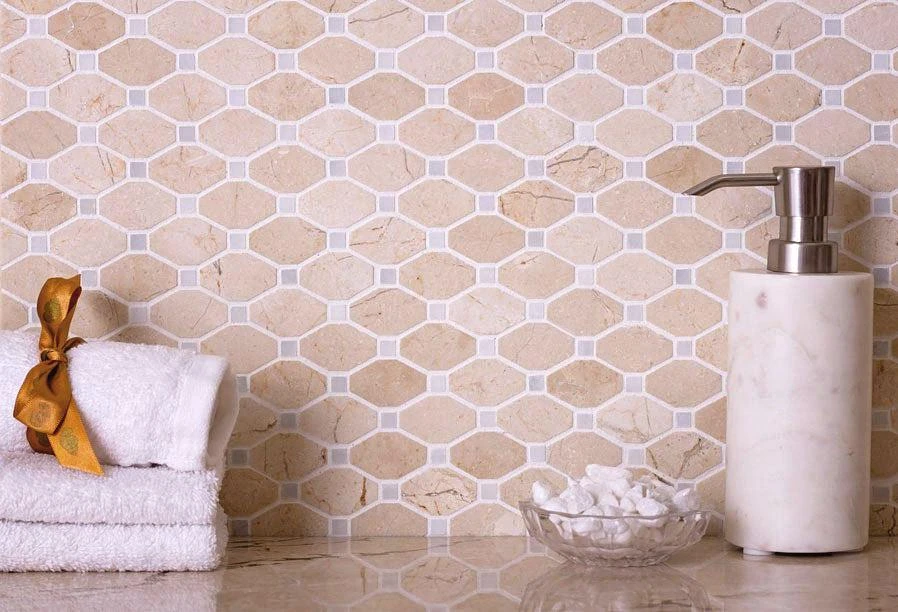 Crema Marfil Octagon With White Dots Marble Mosaic Tile - Image 3