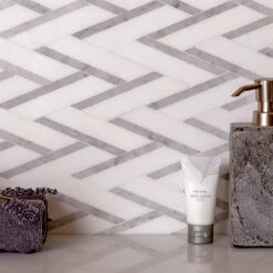 Thassos And Carrara Striped Chevron Mosaic Tile