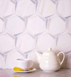 Triangular Hexagon In Bianco Dolomiti Leyte Blue And Thassos Marble Mosaic Tile