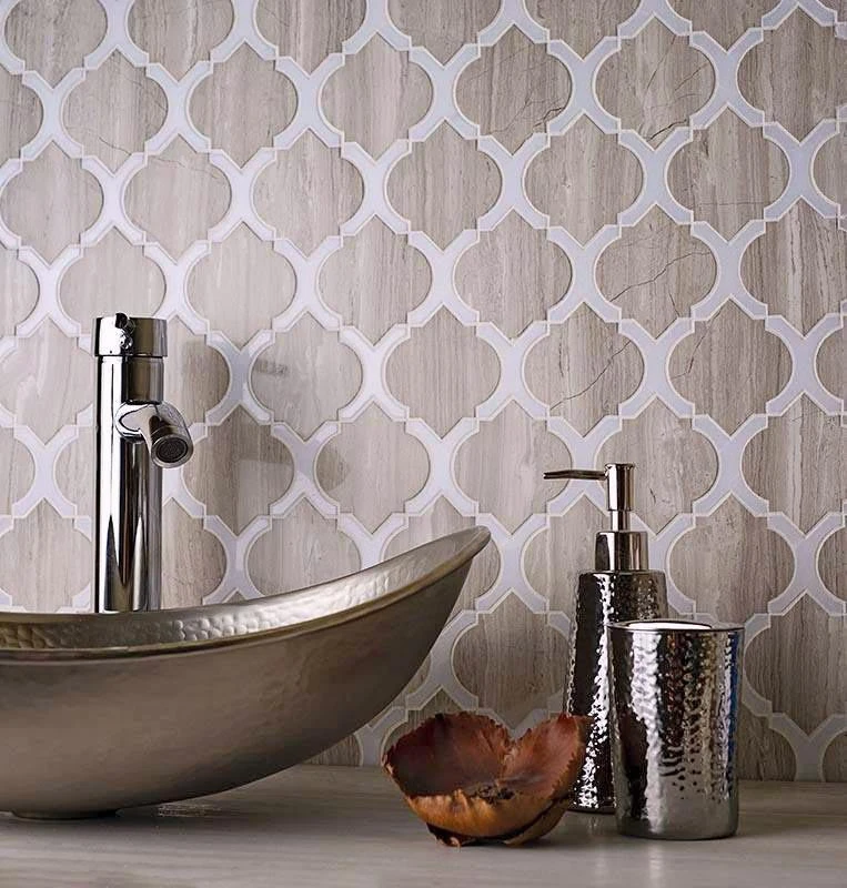 Wooden Beige Arabesque Tile With Thassos Lines - Image 3