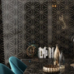 Wheel Deco Black Marble And Brass Inlay Mosaic Tile