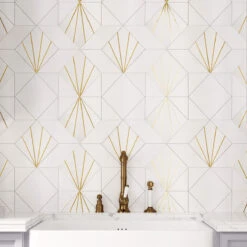Art Deco White Marble And Brass Inlay Mosaic Tile