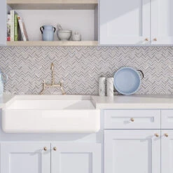 Azul Cielo Thassos And Carrara Mini Chevron Marble Mosaic Tile