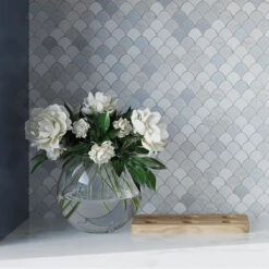 Azul Cielo Thassos And Carrara Mini Scale Marble Mosaic Tile