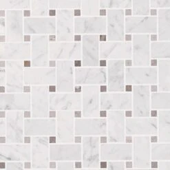 Basket Weave Carrara & Beige Dot Polished Marble Tile