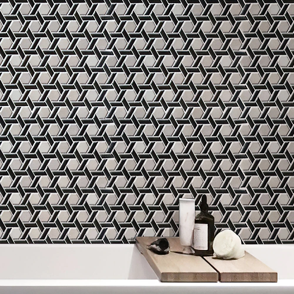 Black And White Weaved Hexagon Glass Mosaic Tile - Image 13
