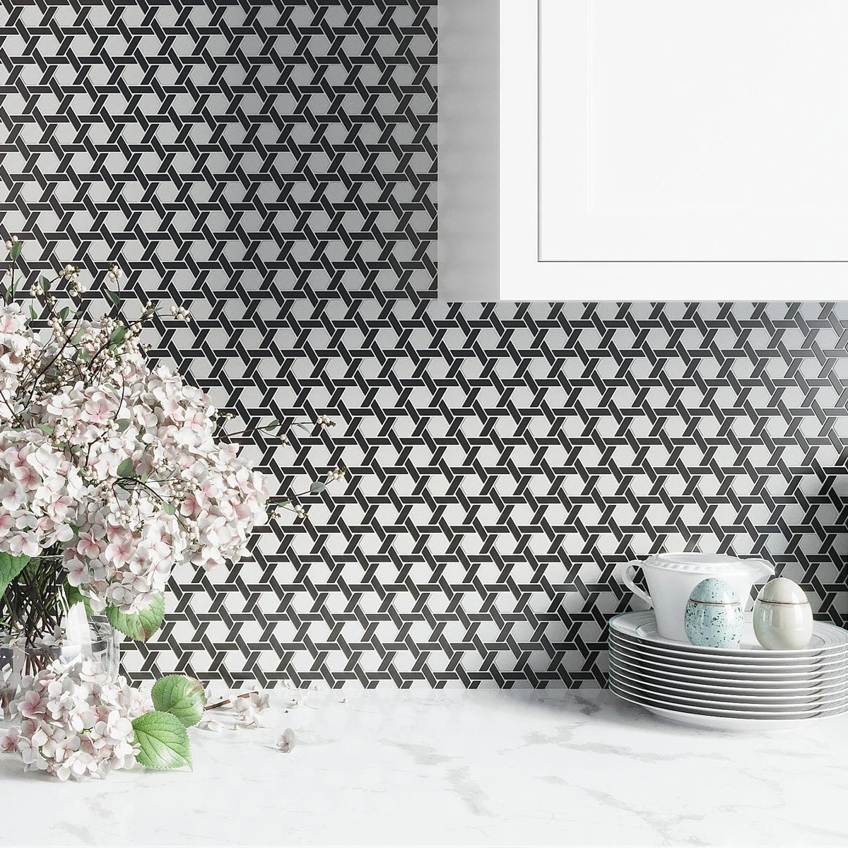 Black And White Weaved Hexagon Glass Mosaic Tile