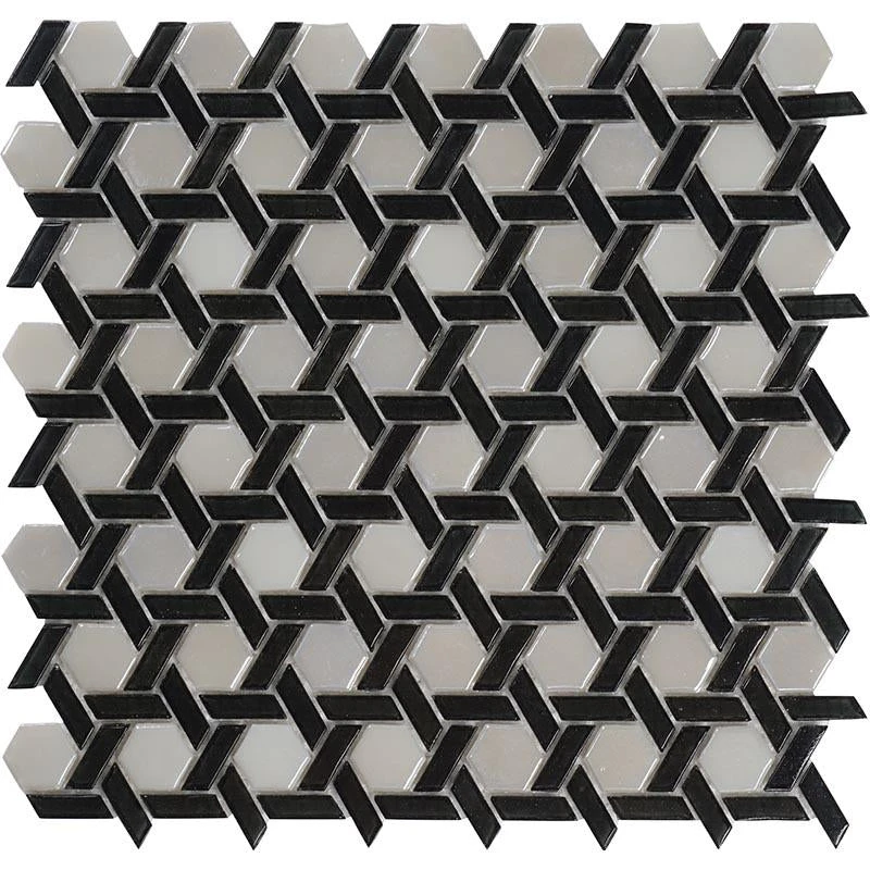 Black And White Weaved Hexagon Glass Mosaic Tile - Image 2