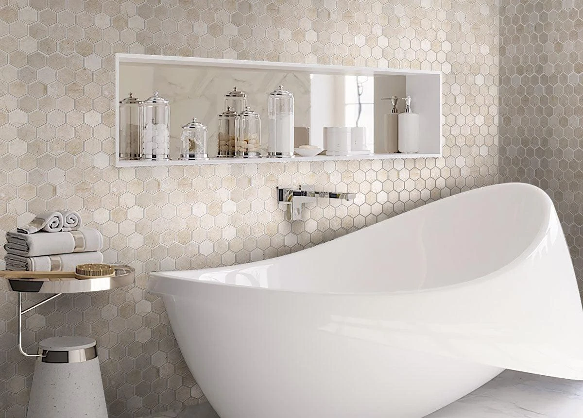 Crema Marfil 2 Inch Hexagon Honed Marble Mosaic Tile - Image 2