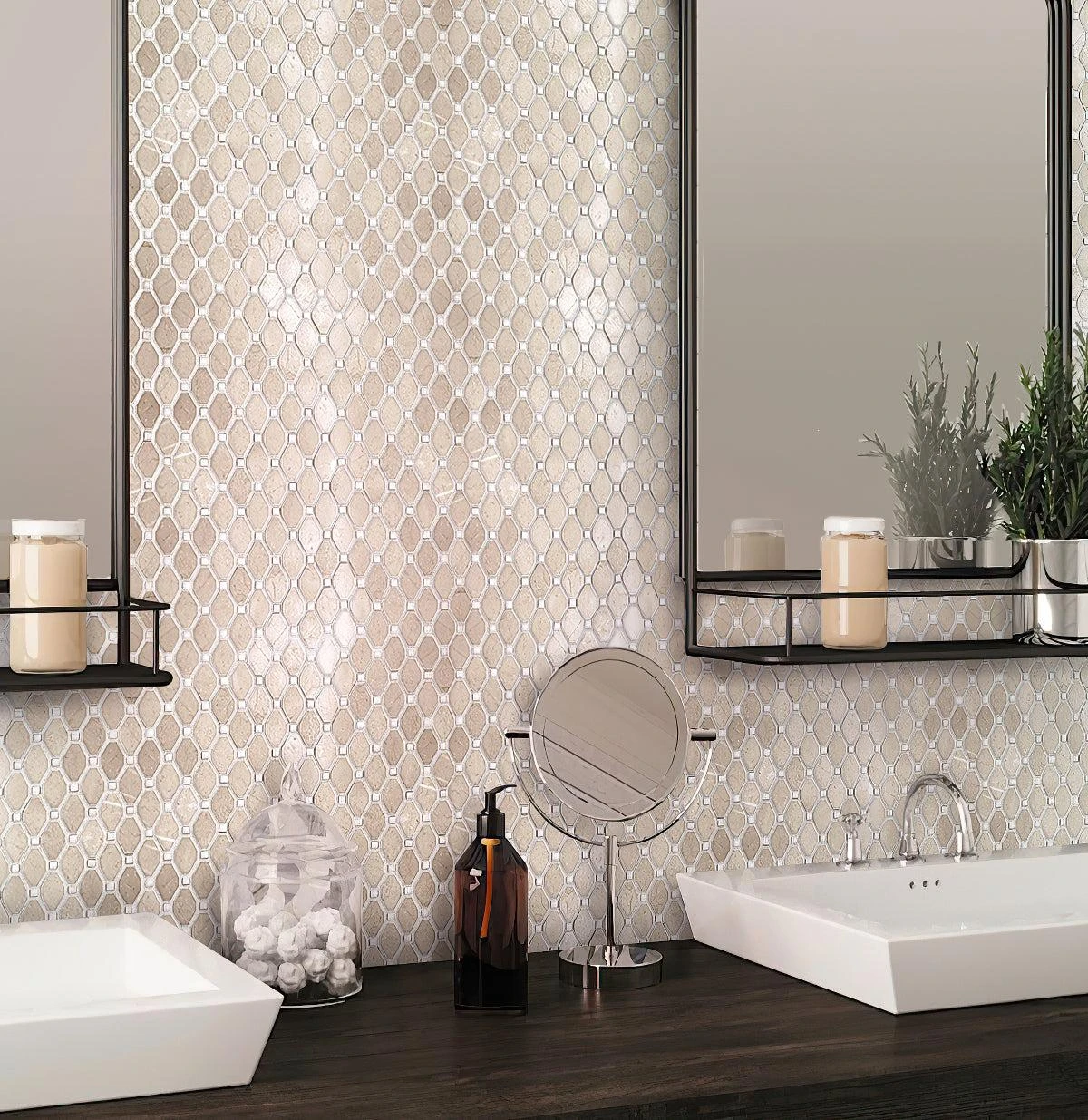 Crema Marfil Octagon With White Dots Marble Mosaic Tile - Image 2