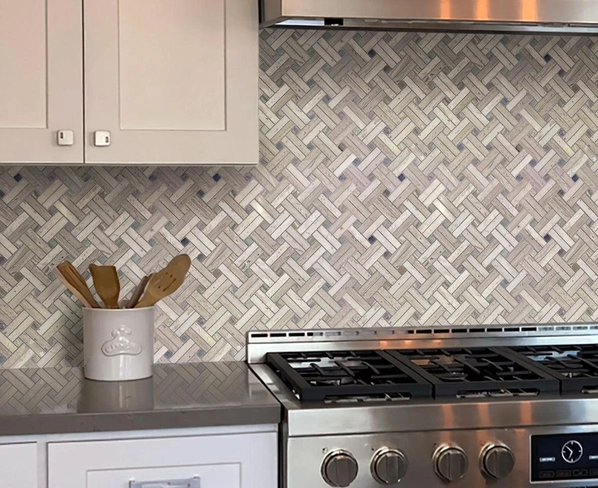 Diagonal Double Weave Wooden Beige Marble Mosaic Tile - Image 2