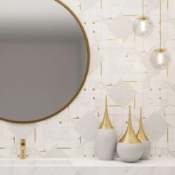 Geo Deco White Marble And Brass Inlay Tile