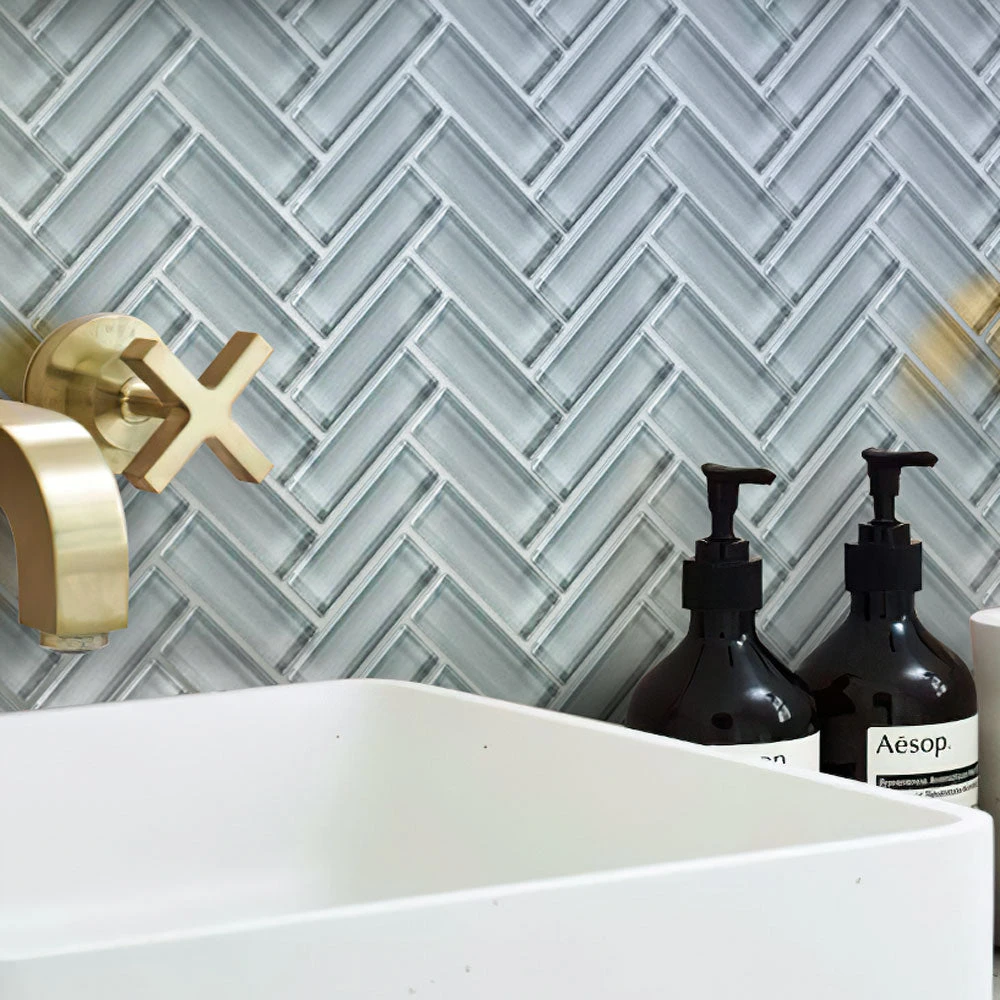 Gray Herringbone Glass Tile