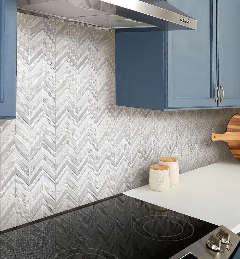 Herringbone Pearl White Thassos Marble And Shell Tile - Image 9