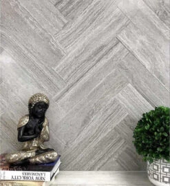 Grey Limestone Chevron Etched Subway Tile