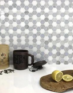 Azul Cielo Thassos And Carrara 1" Hexagon Marble Mosaic Tile Polished