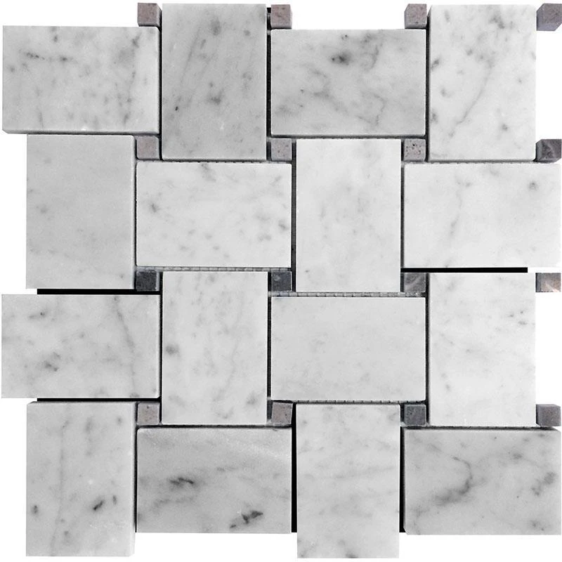 Large Basket Weave Carrara & Beige Dot Polished Marble Tile