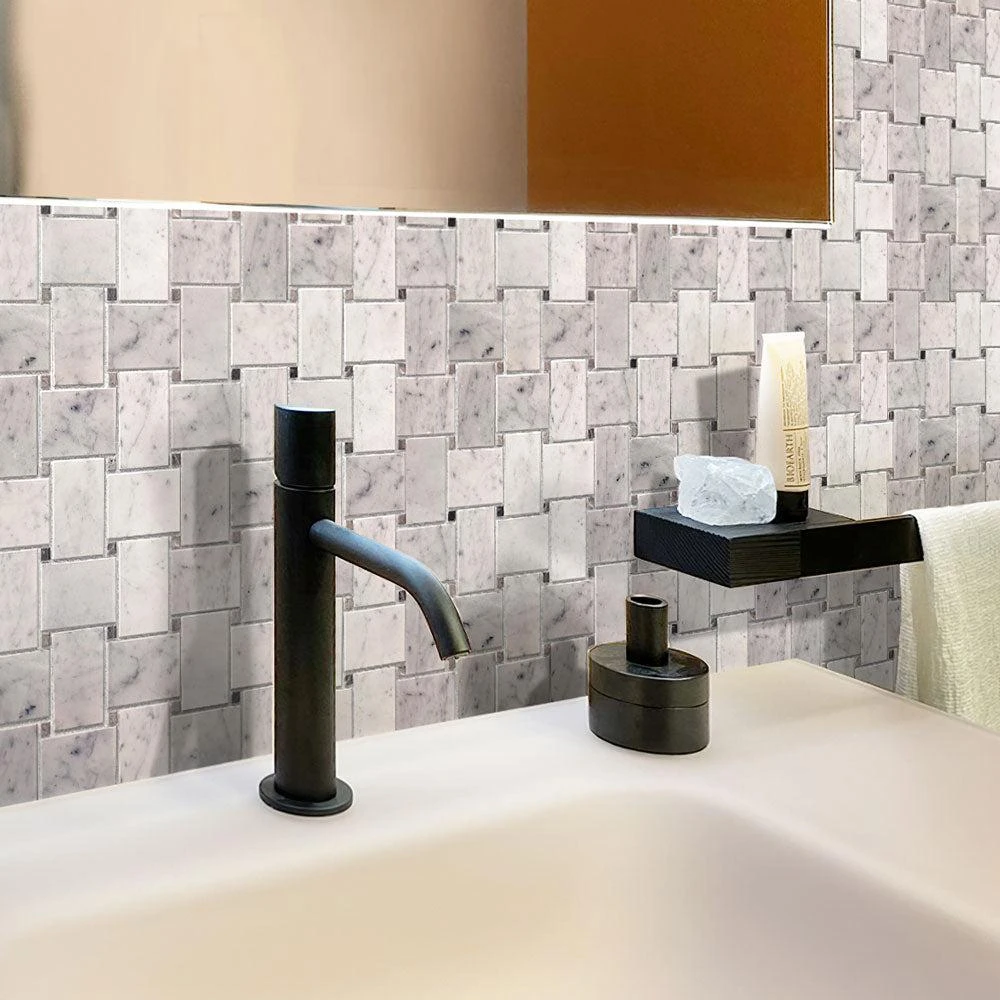 Large Basket Weave Carrara & Beige Dot Polished Marble Tile - Image 4