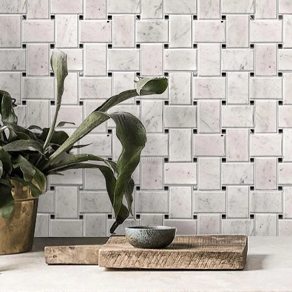 Large Basket Weave Carrara With Black Dot Polished Marble Tile - Image 3