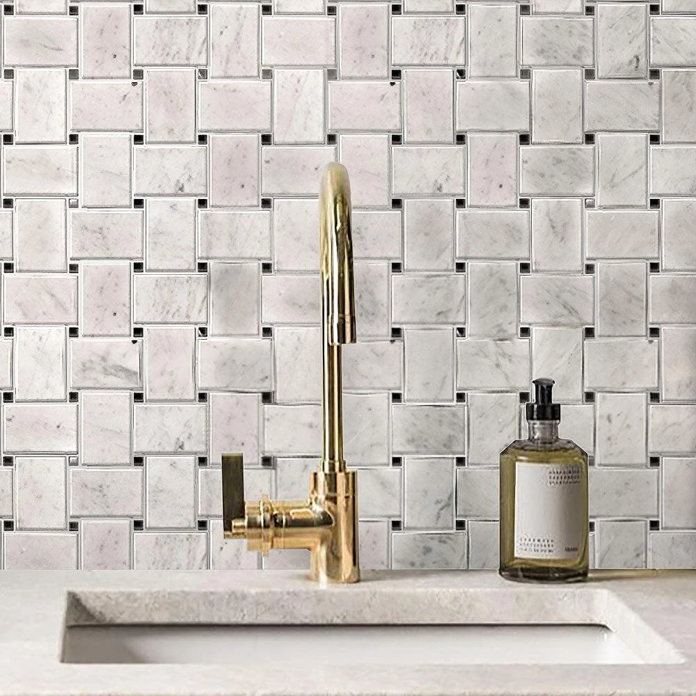 Large Basket Weave Carrara With Black Dot Polished Marble Tile - Image 4
