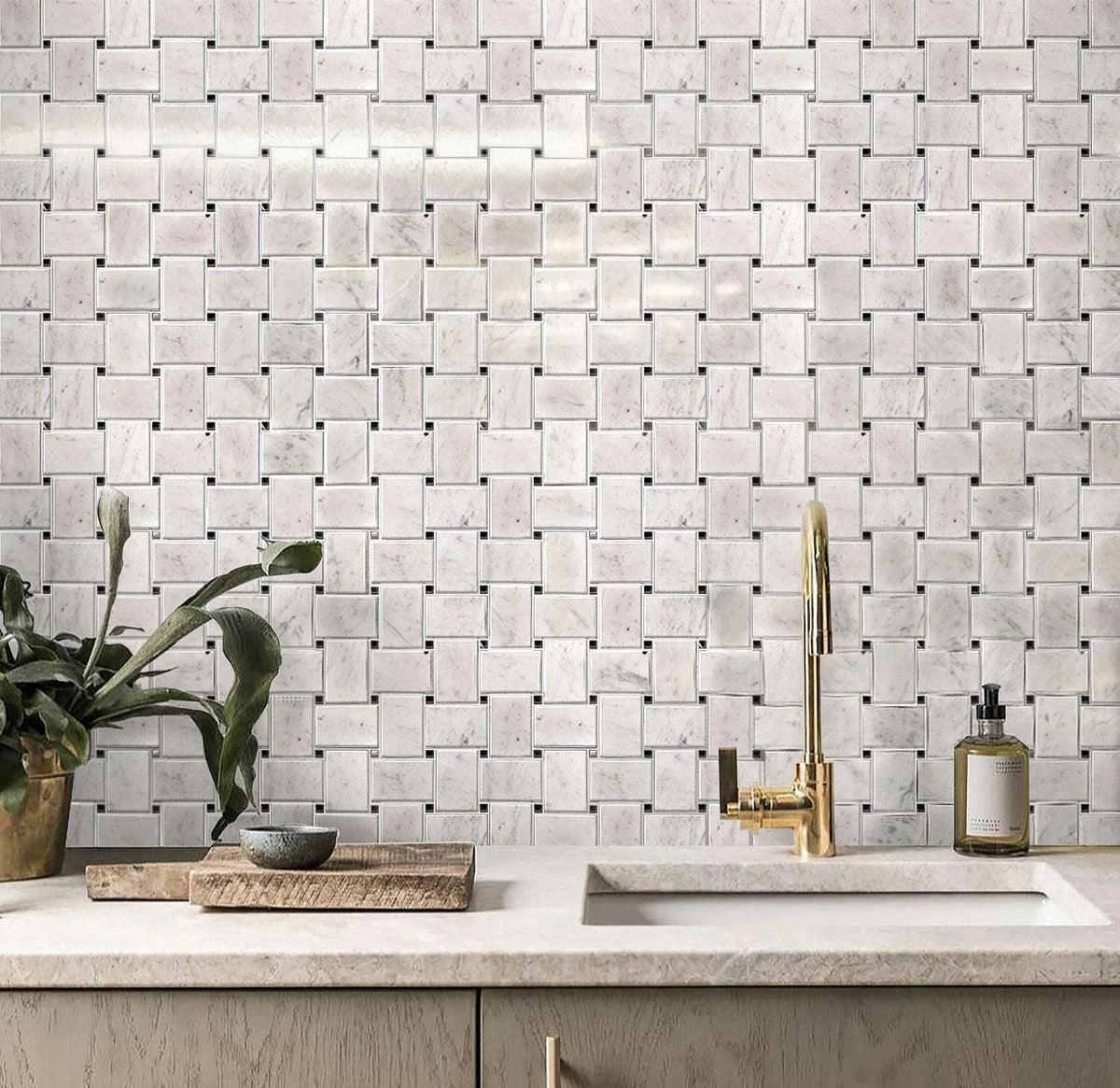 Large Basket Weave Carrara With Black Dot Polished Marble Tile - Image 2