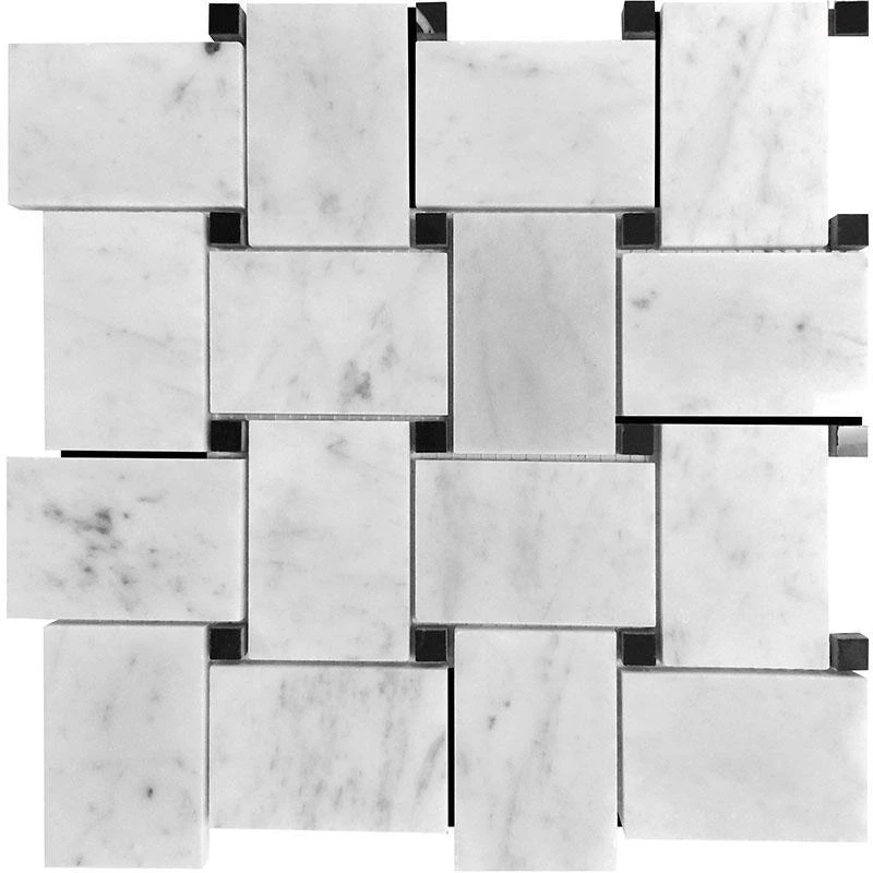 Large Basket Weave Carrara With Black Dot Polished Marble Tile