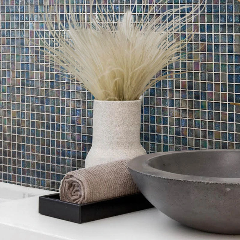 Metallic Deep Blue Foiled Squares Glass Tile - Image 4