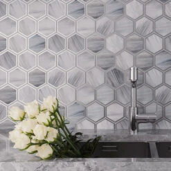 Moonstone Marbled Glass Hexagon Mosaic Tile