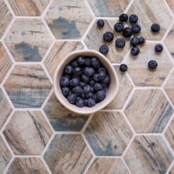 Recycled Glass Hexagon Mosaic In Blue Wood Color