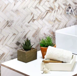 Recycled Glass Herringbone Mosaic In Calacatta Marble Color