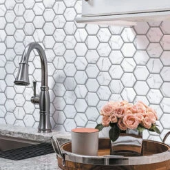 Recycled Glass Hexagon Mosaic In White Marble Color